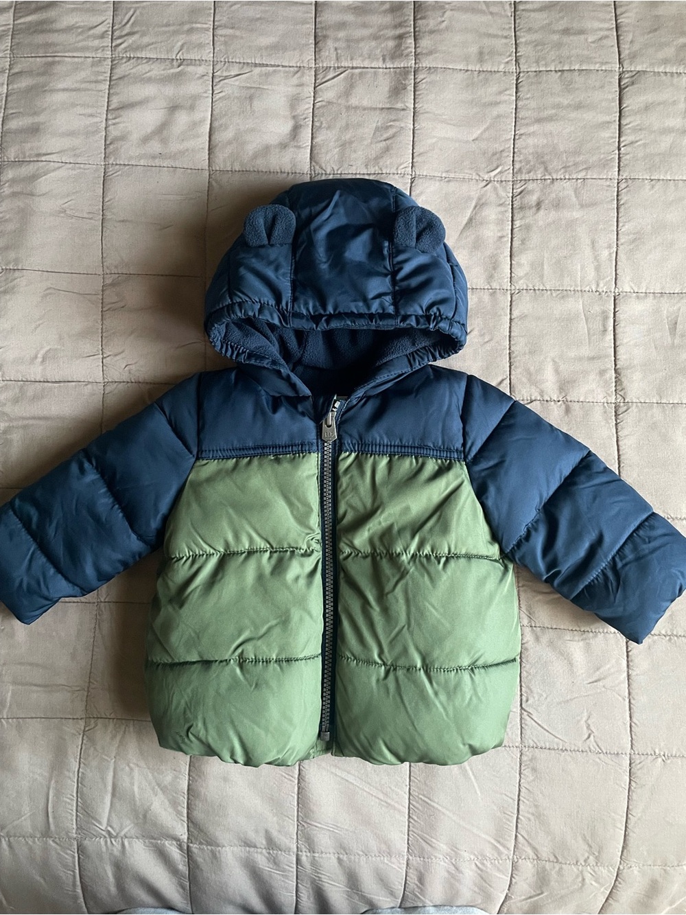GAP Baby Navy and Green Hooded Colorblock Puffer Jacket